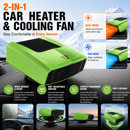 Green Compact Car Heater Fan with 360Â° Adjustable Base, Fast Defrost & Demister, Dual Mode Heat & Cooling Fan, Quiet Constant Tempe Dashboard Heater for Cars Winter Driving (12V / 150W)