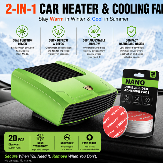 Green Compact 360Â° Adjustable Car Heater Fan with 20PCS Removable Nano Double Sided Adhesive Pads - Fast Defrost & Demister, Dual Mode Heat & Cooling Fan, Free No Trace Mounting Kit for Car Interior and Home Use