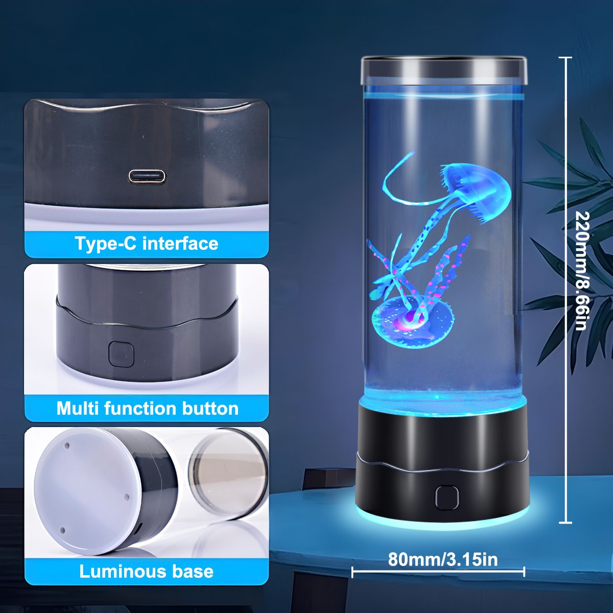 USB-C Powered Bionic Jellyfish LED Night Light with Dual Mode Touch Control and Black Glowing Base, 7 Color Gradient Ambient Table Lamp for Bedroom Living Room Office & Gifts