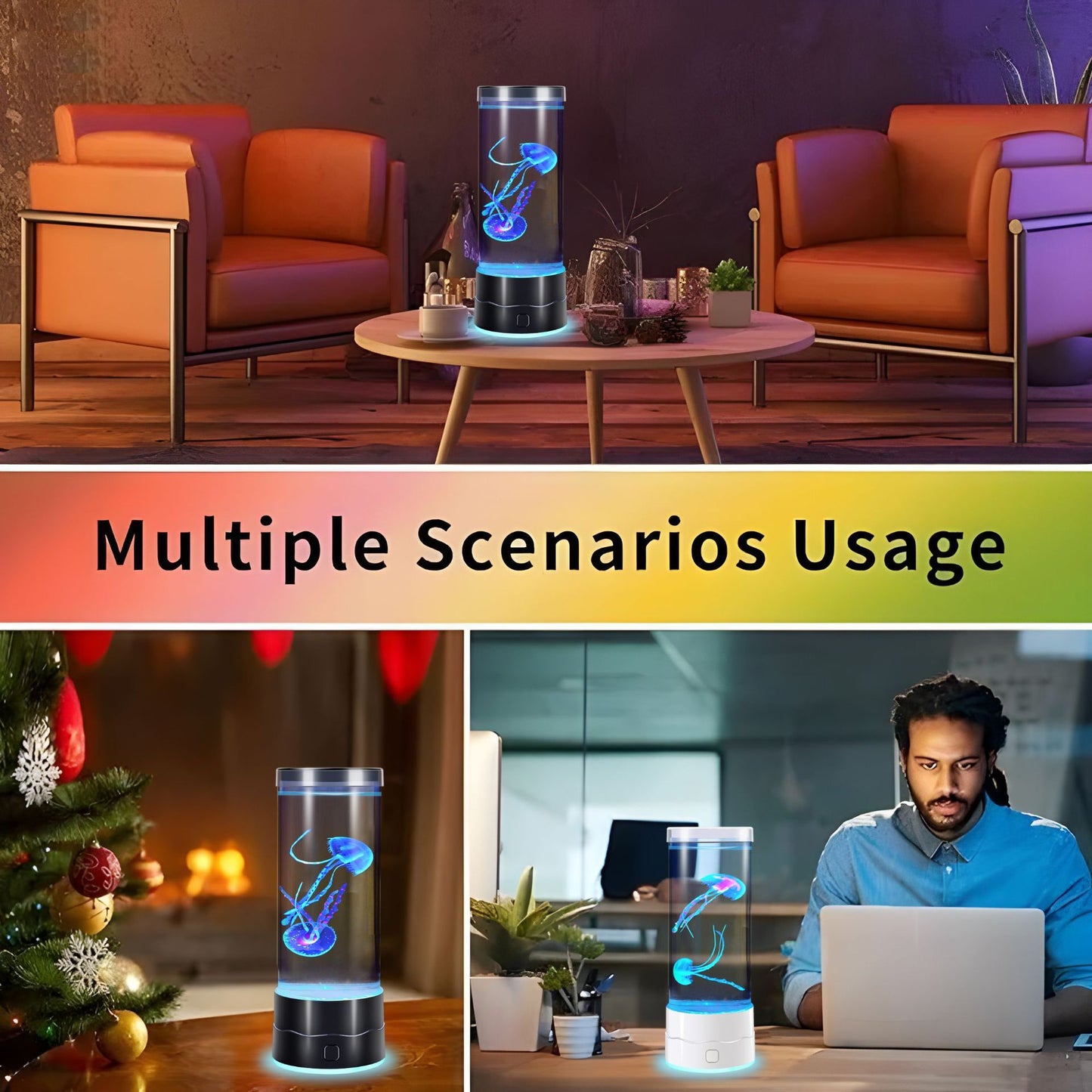 USB-C Powered Bionic Jellyfish LED Night Light with Dual Mode Touch Control and Black Glowing Base, 7 Color Gradient Ambient Table Lamp for Bedroom Living Room Office & Gifts