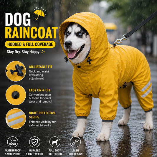 Yellow Waterproof Full Body Dog Raincoat with Adjustable Hood & Waist, Easy Snap Closure and Hidden Leash Opening - Lightweight Four-Leg Reflective Pet Rain Suit for Small Medium Large Dogs, XL Size