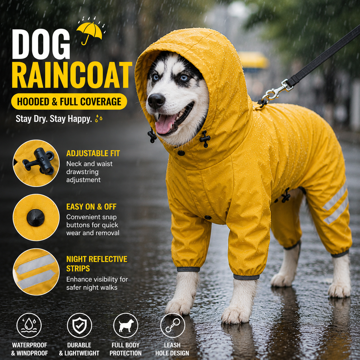 Yellow Waterproof Full Body Dog Raincoat with Adjustable Hood & Waist, Easy Snap Closure and Hidden Leash Opening - Lightweight Four-Leg Reflective Pet Rain Suit for Small Medium Large Dogs, XXL Size
