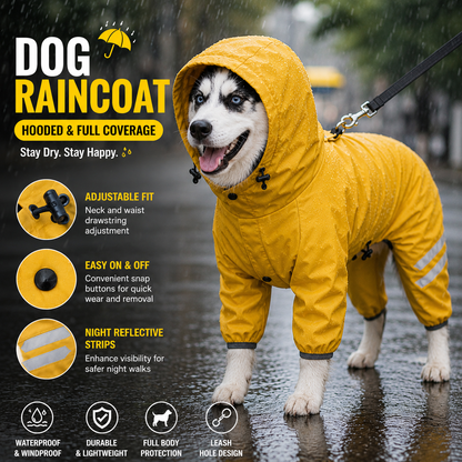 Yellow Waterproof Full Body Dog Raincoat with Adjustable Hood & Waist, Easy Snap Closure and Hidden Leash Opening - Lightweight Four-Leg Reflective Pet Rain Suit for Small Medium Large Dogs, XXL Size