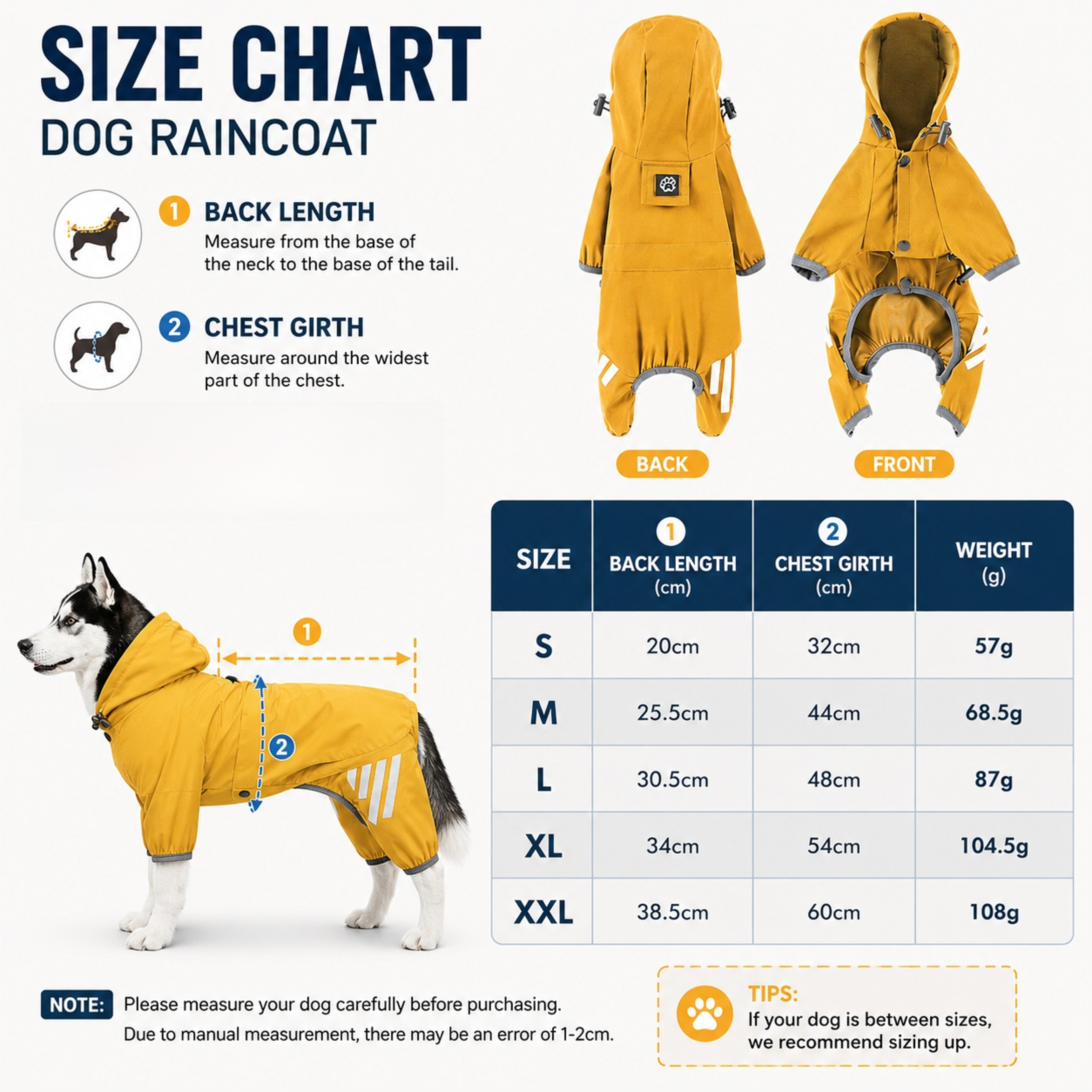 Yellow Waterproof Full Body Dog Raincoat with Adjustable Hood & Waist, Easy Snap Closure and Hidden Leash Opening - Lightweight Four-Leg Reflective Pet Rain Suit for Small Medium Large Dogs, XXL Size