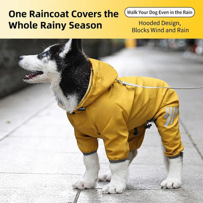 Yellow Waterproof Full Body Dog Raincoat with Adjustable Hood & Waist, Easy Snap Closure and Hidden Leash Opening - Lightweight Four-Leg Reflective Pet Rain Suit for Small Medium Large Dogs, XXL Size