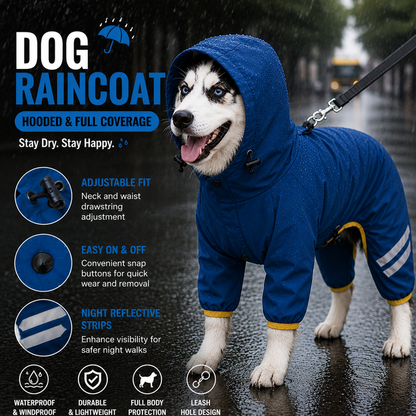 Blue Waterproof Full Body Dog Raincoat with Adjustable Hood & Waist, Easy Snap Closure and Hidden Leash Opening - Lightweight Four-Leg Reflective Pet Rain Suit for Small Medium Large Dogs, S Size
