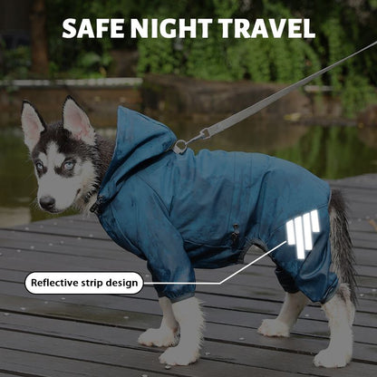 Blue Waterproof Full Body Dog Raincoat with Adjustable Hood & Waist, Easy Snap Closure and Hidden Leash Opening - Lightweight Four-Leg Reflective Pet Rain Suit for Small Medium Large Dogs, M Size
