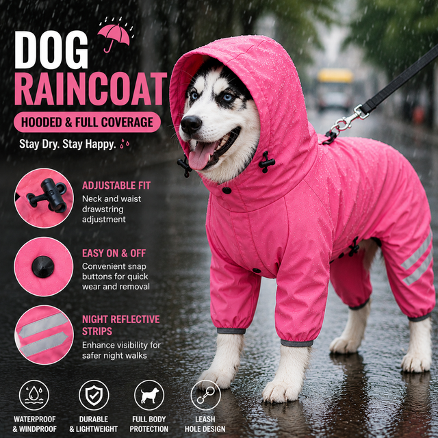 Pink Waterproof Full Body Dog Raincoat with Adjustable Hood & Waist, Easy Snap Closure and Hidden Leash Opening - Lightweight Four-Leg Reflective Pet Rain Suit for Small Medium Large Dogs, L Size