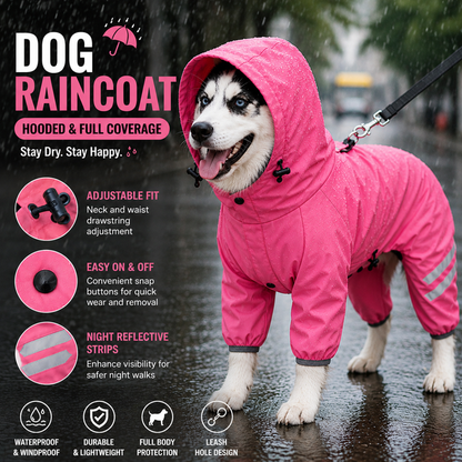 Pink Waterproof Full Body Dog Raincoat with Adjustable Hood & Waist, Easy Snap Closure and Hidden Leash Opening - Lightweight Four-Leg Reflective Pet Rain Suit for Small Medium Large Dogs, L Size