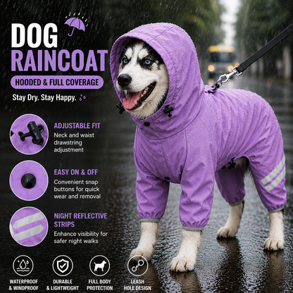 Purple Waterproof Full Body Dog Raincoat with Adjustable Hood & Waist, Easy Snap Closure and Hidden Leash Opening - Lightweight Four-Leg Reflective Pet Rain Suit for Small Medium Large Dogs, XXL Size
