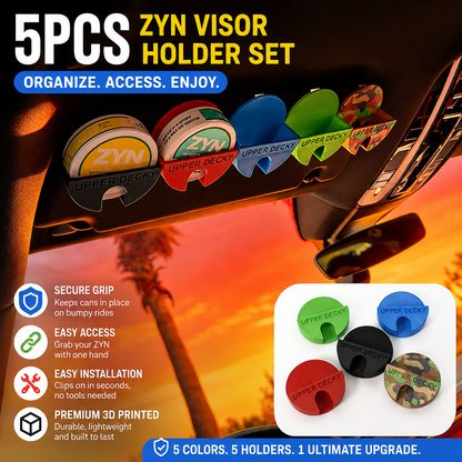 5-Piece 3D Printed ZYN Holsters Set for Car Sun Visor - Portable ZYN Can Holder and Nicotine Pouch Organizer, ABS Washable Half Open Storage Case, Multi Carry Clip Holder for Vehicle Backpack & Belt