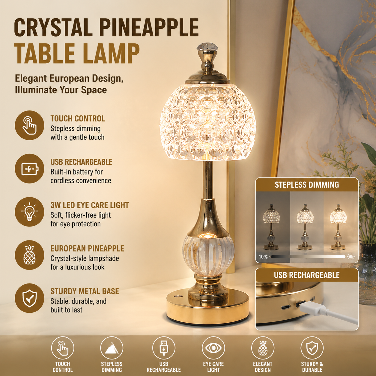 Luxury Metal Crystal Table Lamp, European Pineapple Eye Care Bedside Night Light with Dimmable 3 Color - Modern Elegant Bedroom Living Room Lighting (Touch Control / USB Rechargable)