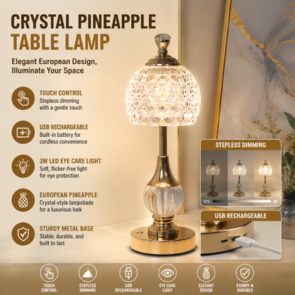 Luxury Metal Crystal Table Lamp, European Pineapple Eye Care Bedside Night Light with Dimmable 3 Color - Modern Elegant Bedroom Living Room Lighting (Touch Control / USB Rechargable)