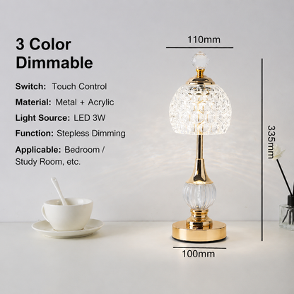Luxury Metal Crystal Table Lamp, European Pineapple Eye Care Bedside Night Light with Dimmable 3 Color - Modern Elegant Bedroom Living Room Lighting (Touch Control / USB Rechargable)