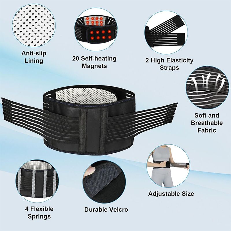 Self Heating Magnetic Therapy Back & Abdomen Compression Brace with 2 Adjustable Elasticity Strapsâ€“ Breathable Posture Corrector and Lumbar Support Belt for Back Pain Relief, Black L Size
