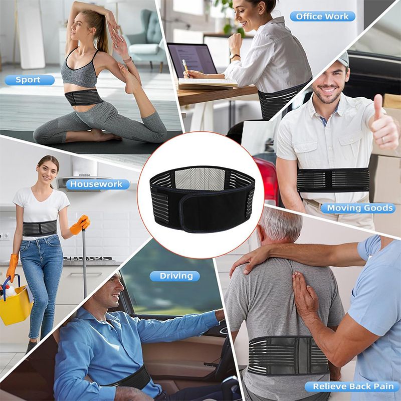 Self Heating Magnetic Therapy Back & Abdomen Compression Brace with 2 Adjustable Elasticity Strapsâ€“ Breathable Posture Corrector and Lumbar Support Belt for Back Pain Relief, Black L Size