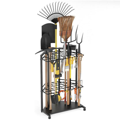 Mutifunctional Garden Tool Rack for Corner with Space Saving Triangular Design & Dual-Layer Grid Shelving â€“ Heavy Duty Metal Storage Stand for Garages Balconies and Patios (28 x 16.7 x 13")
