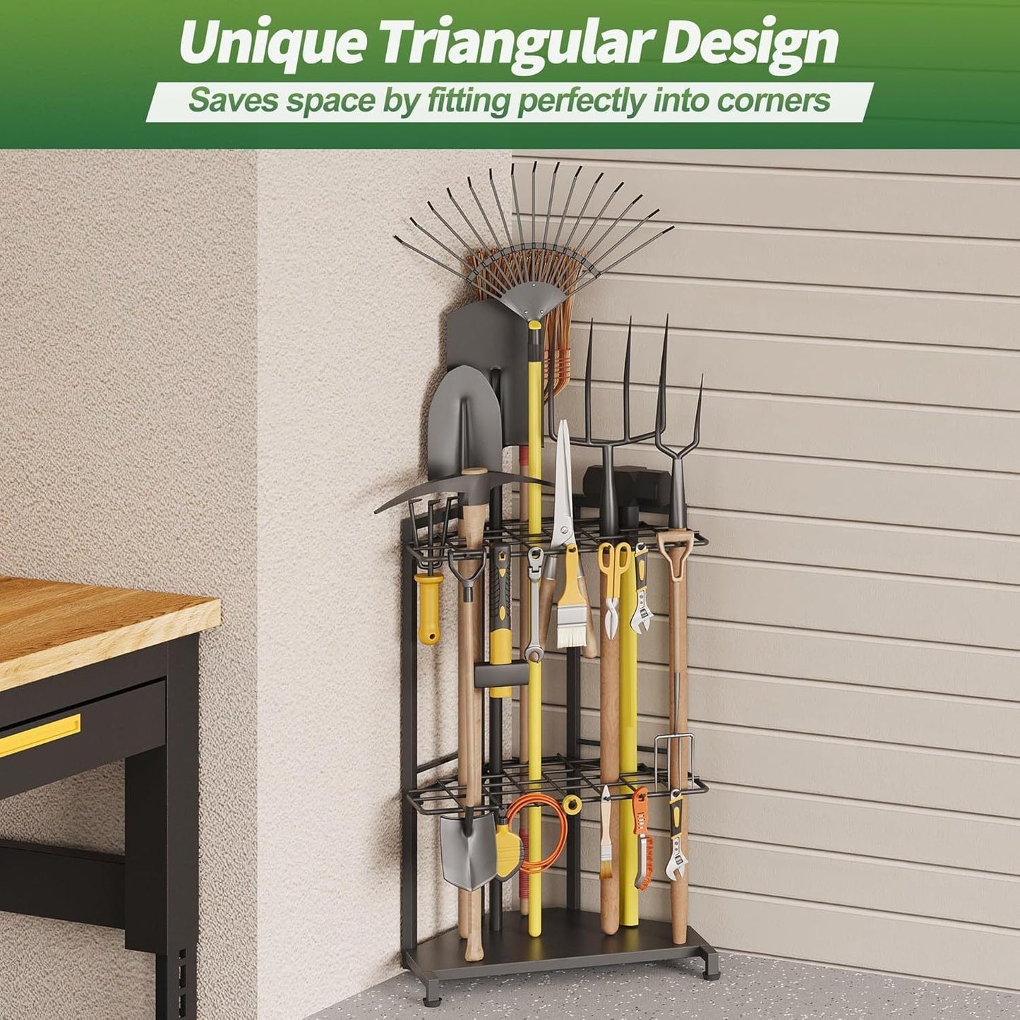 Mutifunctional Garden Tool Rack for Corner with Space Saving Triangular Design & Dual-Layer Grid Shelving â€“ Heavy Duty Metal Storage Stand for Garages Balconies and Patios (28 x 16.7 x 13")