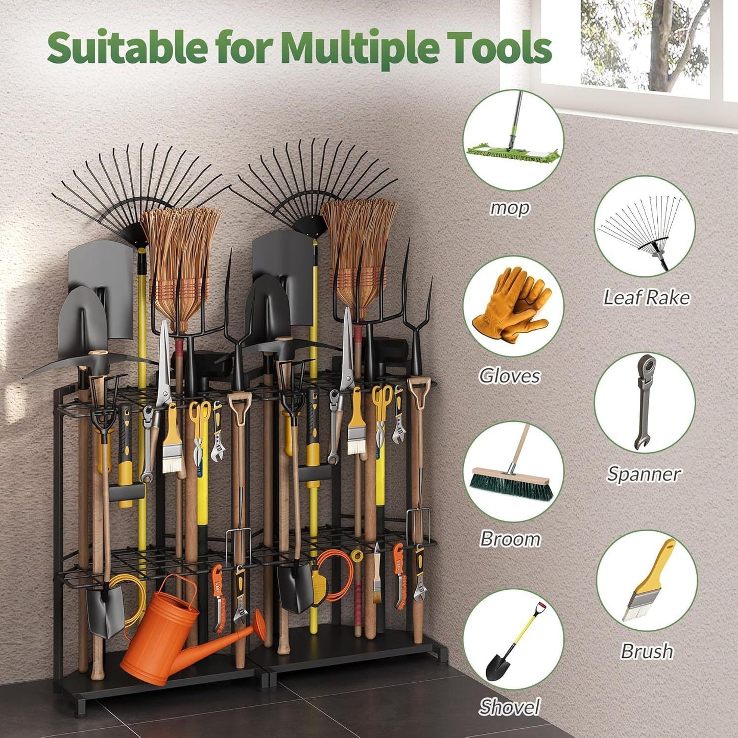 Mutifunctional Garden Tool Rack for Corner with Space Saving Triangular Design & Dual-Layer Grid Shelving â€“ Heavy Duty Metal Storage Stand for Garages Balconies and Patios (28 x 16.7 x 13")
