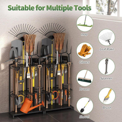 Mutifunctional Garden Tool Rack for Corner with Space Saving Triangular Design & Dual-Layer Grid Shelving â€“ Heavy Duty Metal Storage Stand for Garages Balconies and Patios (28 x 16.7 x 13")
