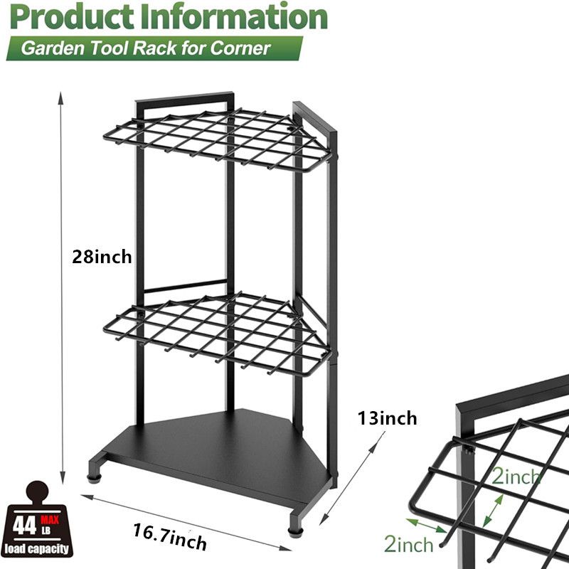 Mutifunctional Garden Tool Rack for Corner with Space Saving Triangular Design & Dual-Layer Grid Shelving â€“ Heavy Duty Metal Storage Stand for Garages Balconies and Patios (28 x 16.7 x 13")