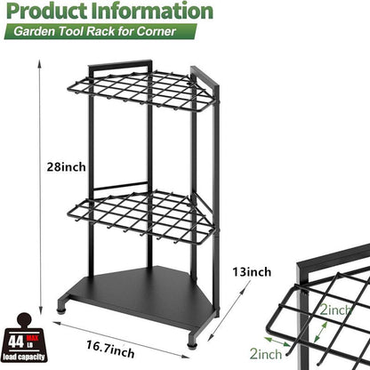 Mutifunctional Garden Tool Rack for Corner with Space Saving Triangular Design & Dual-Layer Grid Shelving â€“ Heavy Duty Metal Storage Stand for Garages Balconies and Patios (28 x 16.7 x 13")