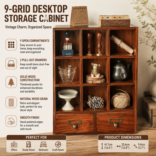 Vintage Wooden 9-Grid Open Desktop Organizer with Double Drawers and Durable Metal Handle â€“ Handcrafted Retro Storage Cabinet and Decorative Lifestyle Piece for Office & Home