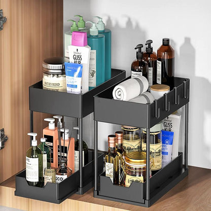 Black Under Sink Organizer with Pull-Out Drawer, 4 Hooks and Hanging Cup - 2 Tier Cabinets Storage Rack for Kitchen & Bathroom, Tool-Free Assembly, Fits Full-Size Cleaning Supplies & Toiletries, Space Saving