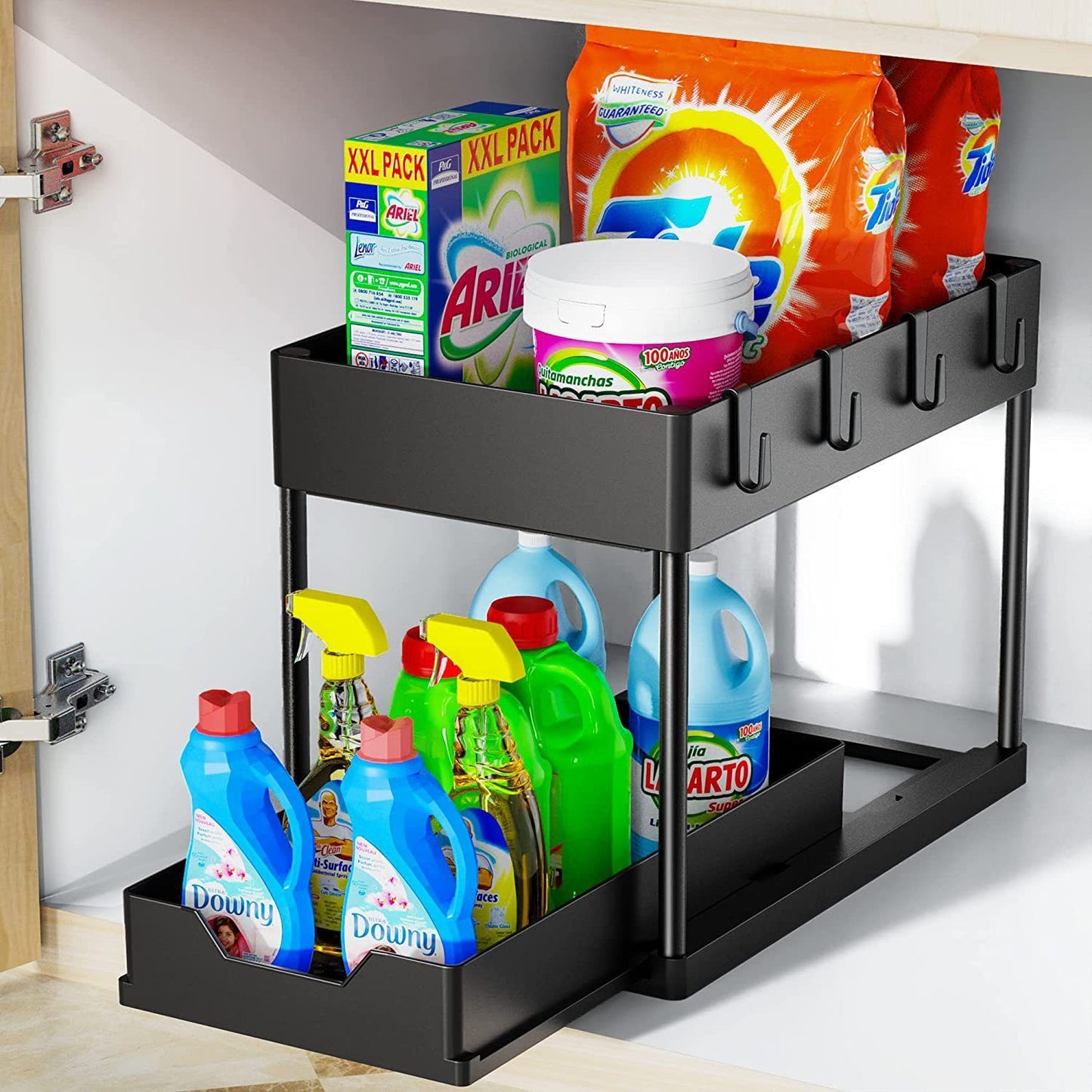Black Under Sink Organizer with Pull-Out Drawer, 4 Hooks and Hanging Cup - 2 Tier Cabinets Storage Rack for Kitchen & Bathroom, Tool-Free Assembly, Fits Full-Size Cleaning Supplies & Toiletries, Space Saving