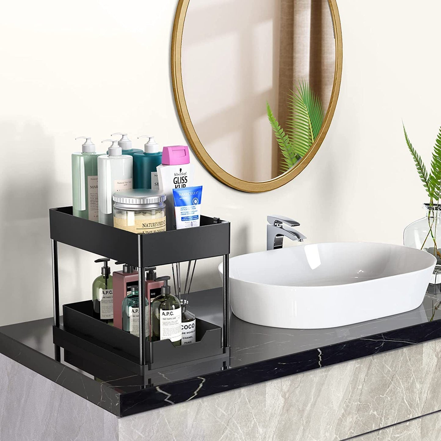 Black Under Sink Organizer with Pull-Out Drawer, 4 Hooks and Hanging Cup - 2 Tier Cabinets Storage Rack for Kitchen & Bathroom, Tool-Free Assembly, Fits Full-Size Cleaning Supplies & Toiletries, Space Saving