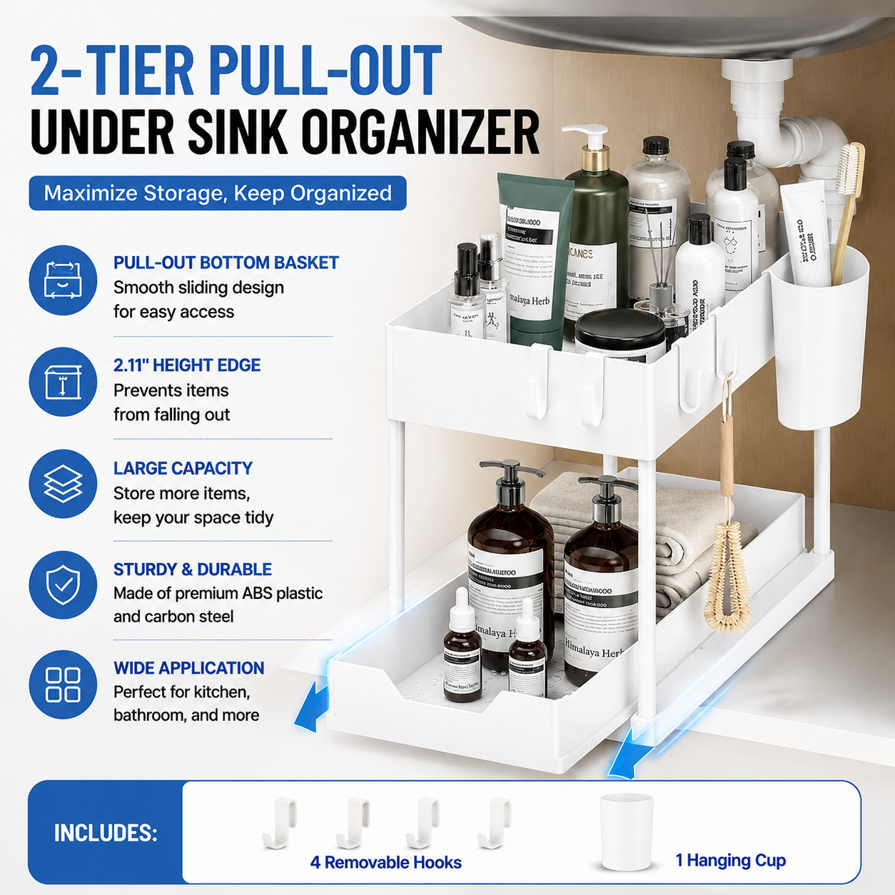 White Under Sink Organizer with Pull-Out Drawer, 4 Hooks and Hanging Cup - 2 Tier Cabinets Storage Rack for Kitchen & Bathroom, Tool-Free Assembly, Fits Full-Size Cleaning Supplies & Toiletries, Space Saving