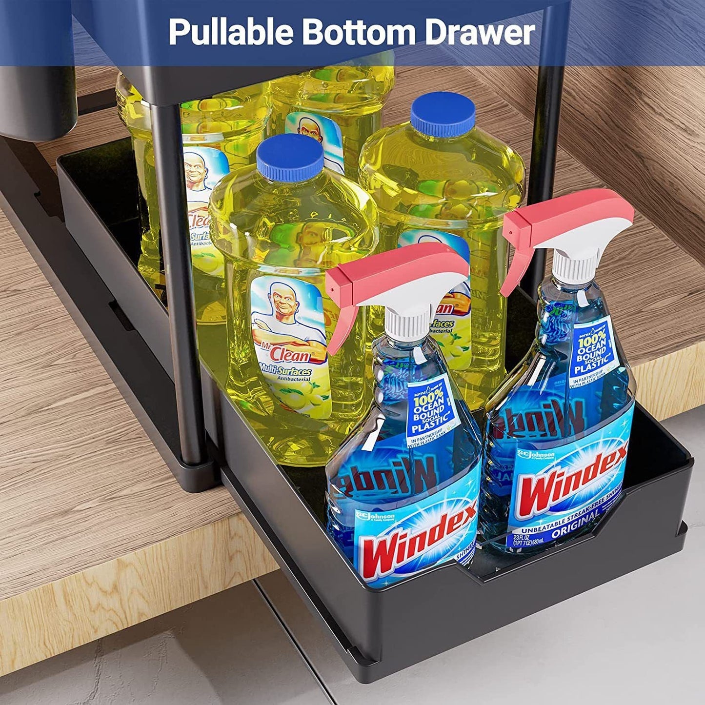 White Under Sink Organizer with Pull-Out Drawer, 4 Hooks and Hanging Cup - 2 Tier Cabinets Storage Rack for Kitchen & Bathroom, Tool-Free Assembly, Fits Full-Size Cleaning Supplies & Toiletries, Space Saving