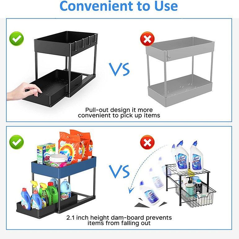 White Under Sink Organizer with Pull-Out Drawer, 4 Hooks and Hanging Cup - 2 Tier Cabinets Storage Rack for Kitchen & Bathroom, Tool-Free Assembly, Fits Full-Size Cleaning Supplies & Toiletries, Space Saving