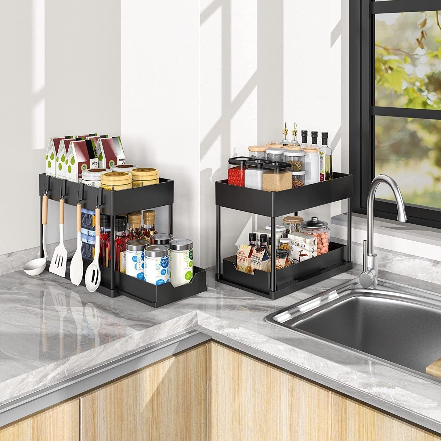 White Under Sink Organizer with Pull-Out Drawer, 4 Hooks and Hanging Cup - 2 Tier Cabinets Storage Rack for Kitchen & Bathroom, Tool-Free Assembly, Fits Full-Size Cleaning Supplies & Toiletries, Space Saving
