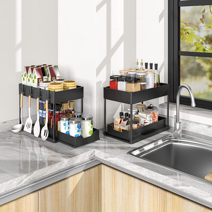 White Under Sink Organizer with Pull-Out Drawer, 4 Hooks and Hanging Cup - 2 Tier Cabinets Storage Rack for Kitchen & Bathroom, Tool-Free Assembly, Fits Full-Size Cleaning Supplies & Toiletries, Space Saving