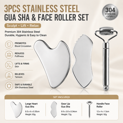3-Piece Stainless Steel Scraping Board & Facial Massage Roller Set with Large Heart-Shaped Gua Sha Board, Gear Lip-Shaped Facial Gua Sha Plate and Round Handle Beauty Roller