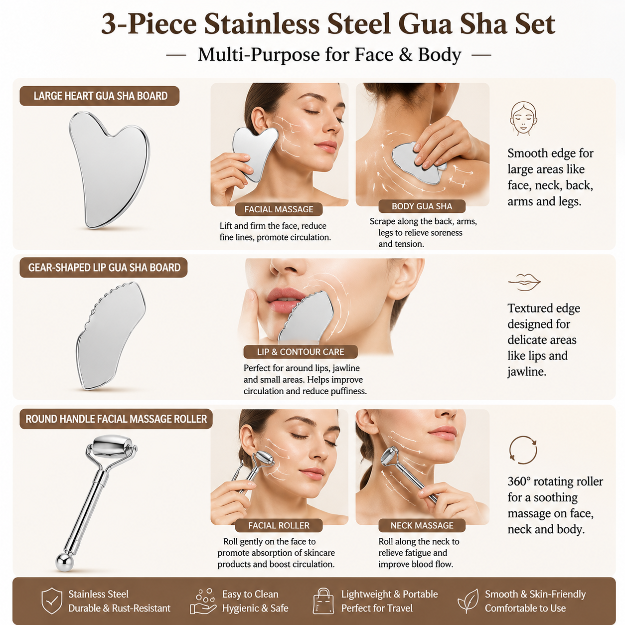 3-Piece Stainless Steel Scraping Board & Facial Massage Roller Set with Large Heart-Shaped Gua Sha Board, Gear Lip-Shaped Facial Gua Sha Plate and Round Handle Beauty Roller