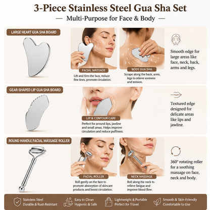 3-Piece Stainless Steel Scraping Board & Facial Massage Roller Set with Large Heart-Shaped Gua Sha Board, Gear Lip-Shaped Facial Gua Sha Plate and Round Handle Beauty Roller