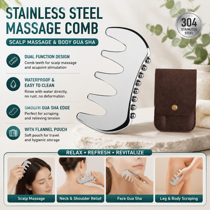 304 Stainless Steel Duoble-Sided Scalp Massage Comb & Gua Sha Relaxation Tool with Velvet Storage Bag â€“ Head, Neck & Body Relaxation Massage Scraper