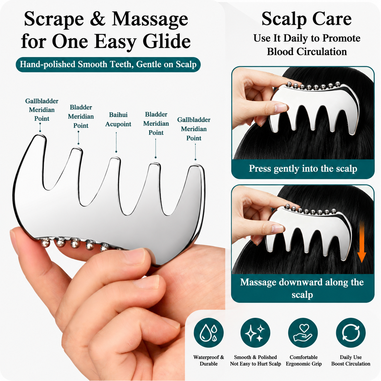304 Stainless Steel Duoble-Sided Scalp Massage Comb & Gua Sha Relaxation Tool with Velvet Storage Bag â€“ Head, Neck & Body Relaxation Massage Scraper