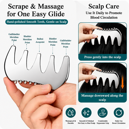 304 Stainless Steel Duoble-Sided Scalp Massage Comb & Gua Sha Relaxation Tool with Velvet Storage Bag â€“ Head, Neck & Body Relaxation Massage Scraper