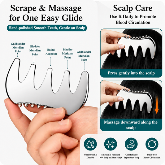 304 Stainless Steel Duoble-Sided Scalp Massage Comb & Gua Sha Relaxation Tool with Velvet Storage Bag â€“ Head, Neck & Body Relaxation Massage Scraper