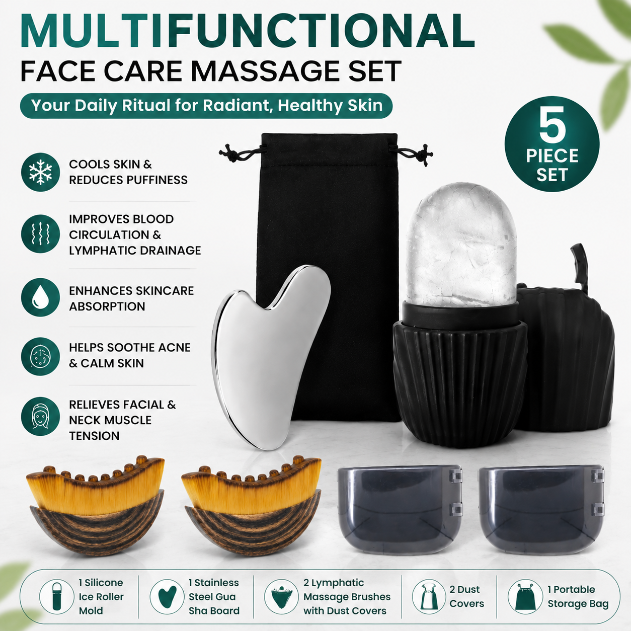 Multifunctional Skincare & Massage Kit with 80ml Black Silicone Facial Ice Roller, Stainless Steel Heart-Shaped Gua Sha Board, 2 Pack Lymphatic Drainage Massage Brushes for Skin Cooling and Absorption Enhancing, Blood Circulation and Puffiness Reducing
