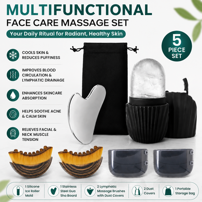 Multifunctional Skincare & Massage Kit with 80ml Black Silicone Facial Ice Roller, Stainless Steel Heart-Shaped Gua Sha Board, 2 Pack Lymphatic Drainage Massage Brushes for Skin Cooling and Absorption Enhancing, Blood Circulation and Puffiness Reducing