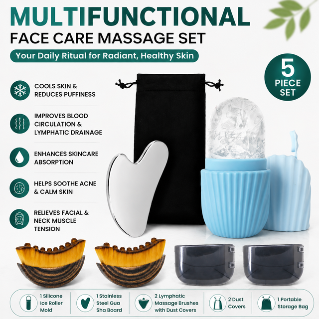 Multifunctional Skincare & Massage Kit with 80ml Blue Silicone Facial Ice Roller, Stainless Steel Heart-Shaped Gua Sha Board, 2 Pack Lymphatic Drainage Massage Brushes for Skin Cooling and Absorption Enhancing, Blood Circulation and Puffiness Reducing