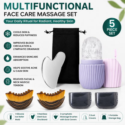 Multifunctional Skincare & Massage Kit with 80ml Purple Silicone Facial Ice Roller, Stainless Steel Heart-Shaped Gua Sha Board, 2 Pack Lymphatic Drainage Massage Brushes for Skin Cooling and Absorption Enhancing, Blood Circulation and Puffiness Reducing