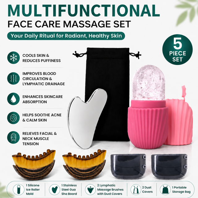 Multifunctional Skincare & Massage Kit with 80ml Rose Red Silicone Facial Ice Roller, Stainless Steel Heart-Shaped Gua Sha Board, 2 Pack Lymphatic Drainage Massage Brushes for Skin Cooling and Absorption Enhancing, Blood Circulation and Puffiness Reducing