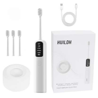 White Rechargeable Dual-Action Vibration & 45Â° Scientific Sweep Cleaning Electric Toothbrush with 5 Brushing Modes, 4 Brush Head and Storage Base - Smart 2 Min Timer and 30s Quad Reminder, High-Density Rounded Bristles and 3D Precision Brush Head Design