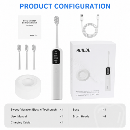 White Rechargeable Dual-Action Vibration & 45Â° Scientific Sweep Cleaning Electric Toothbrush with 5 Brushing Modes, 4 Brush Head and Storage Base - Smart 2 Min Timer and 30s Quad Reminder, High-Density Rounded Bristles and 3D Precision Brush Head Design