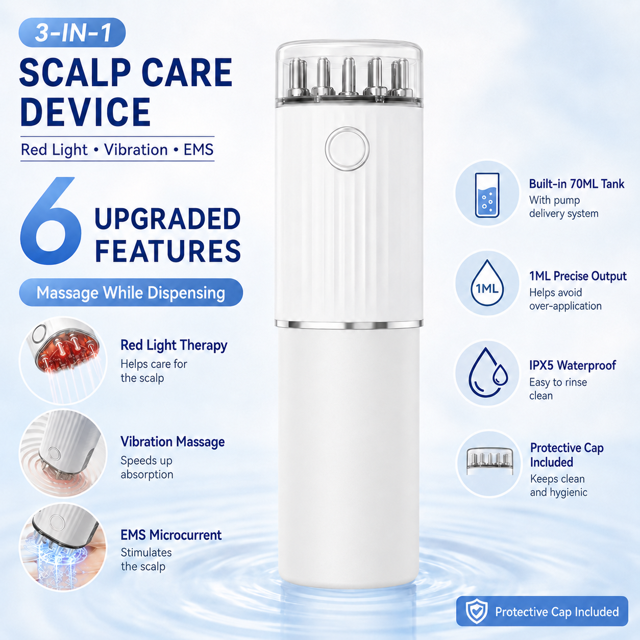 Red Light EMS Scalp Massager and Electric Hair Growth Comb with Microcurrent Vibration, 70ML Liquid Storage Bottle, LED Therapy and Precise Liquid Pump Delivery System â€“ Hair & Scalp Care Wireless Rechargable Device
